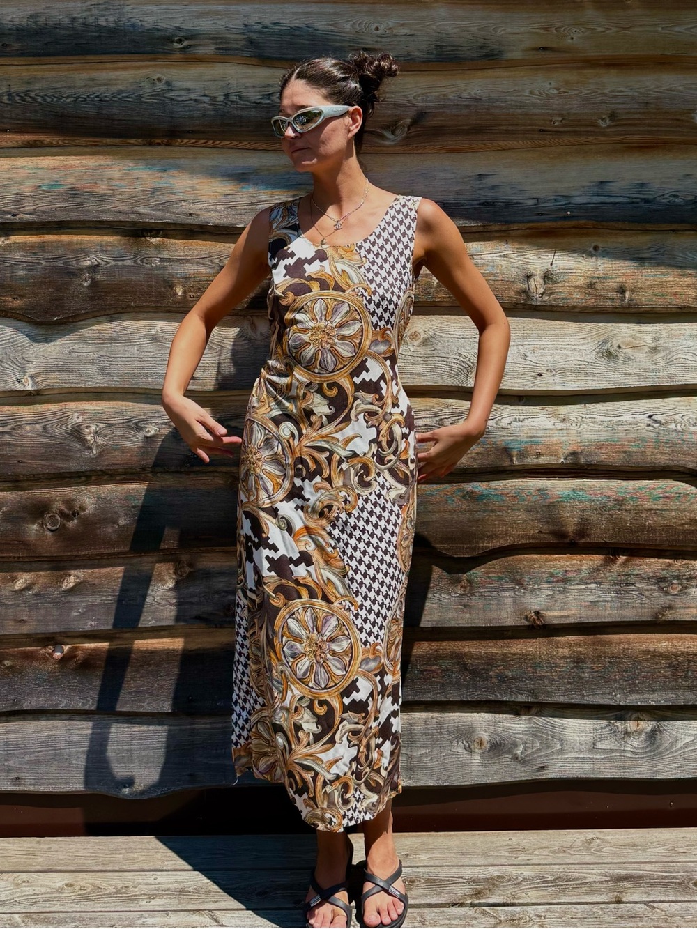 Vintage 90s Maxi Dress Sleeveless Mixed-Print  Brown & Cream with Tie Backs